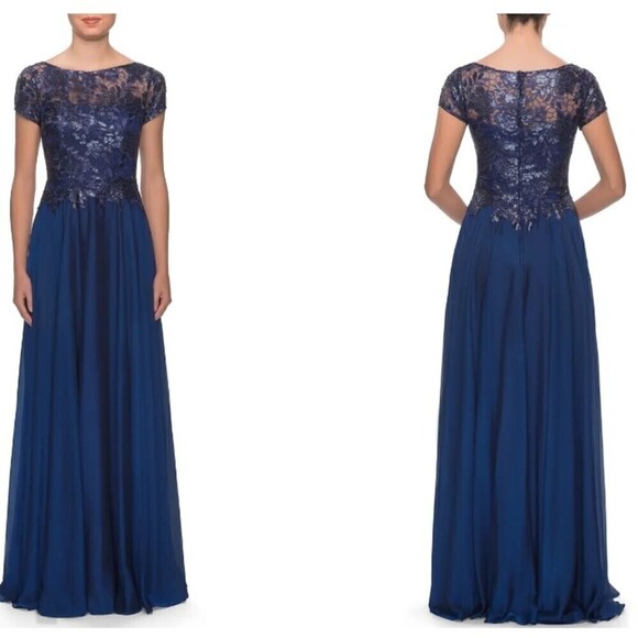 La Femme Dresses & Skirts - La Femme Size 6 Blue Sequin Elegant Floral Lace & Satin Evening Gown Dress